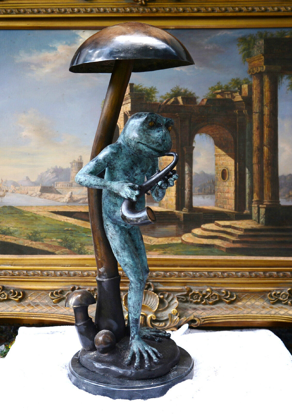100% Real Bronze Statue Musician Frog - Saxophone Figure Sculpture Art