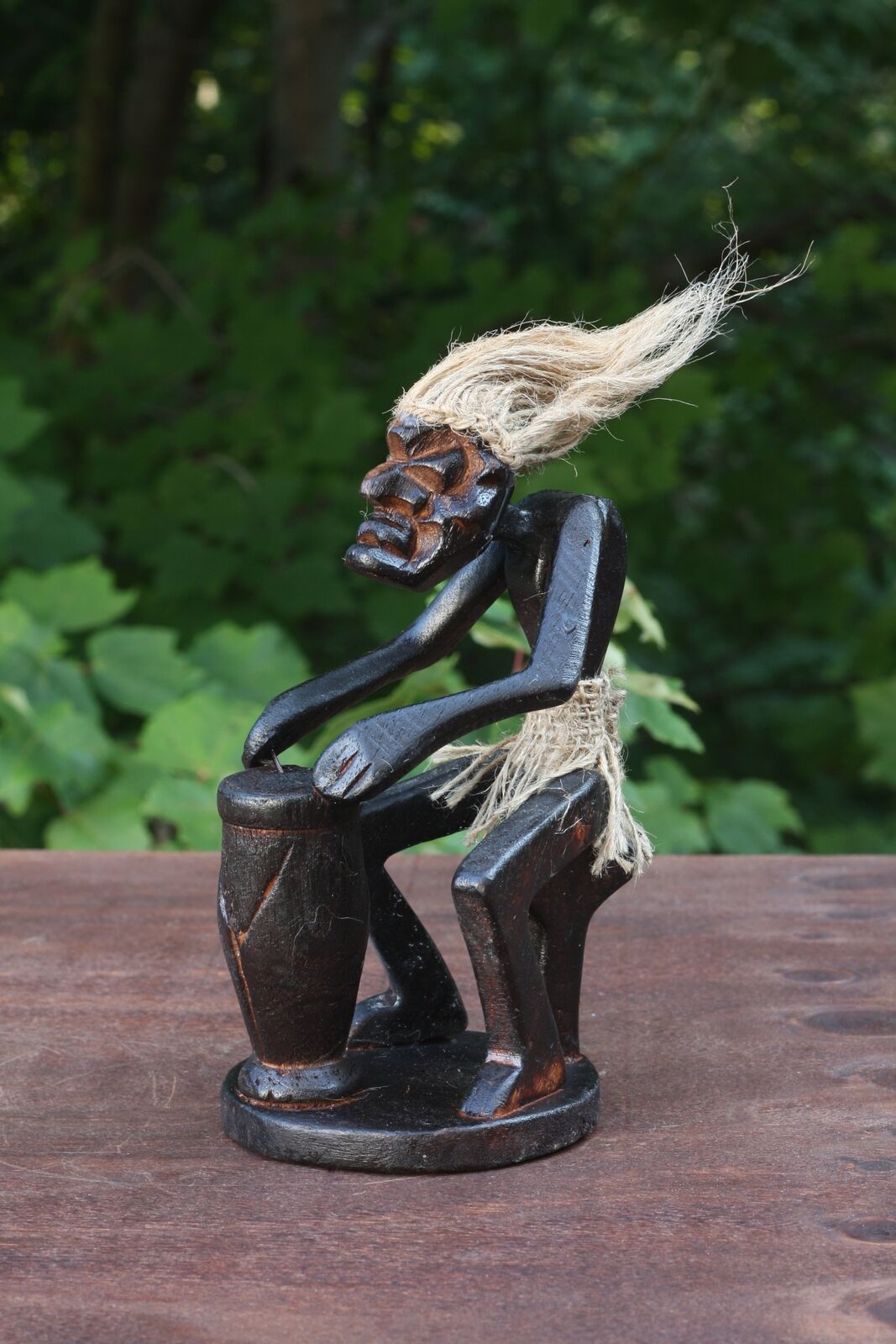 Handmade Wooden Primitive Tribal Playing Djembe Drum Figurine Statue Tiki Bar