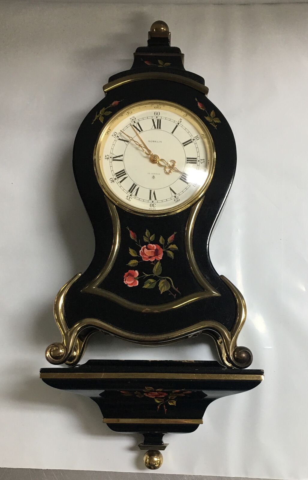 Antique GUBELIN Swiss Floral Design 8 Day Wall Clock with Shelf