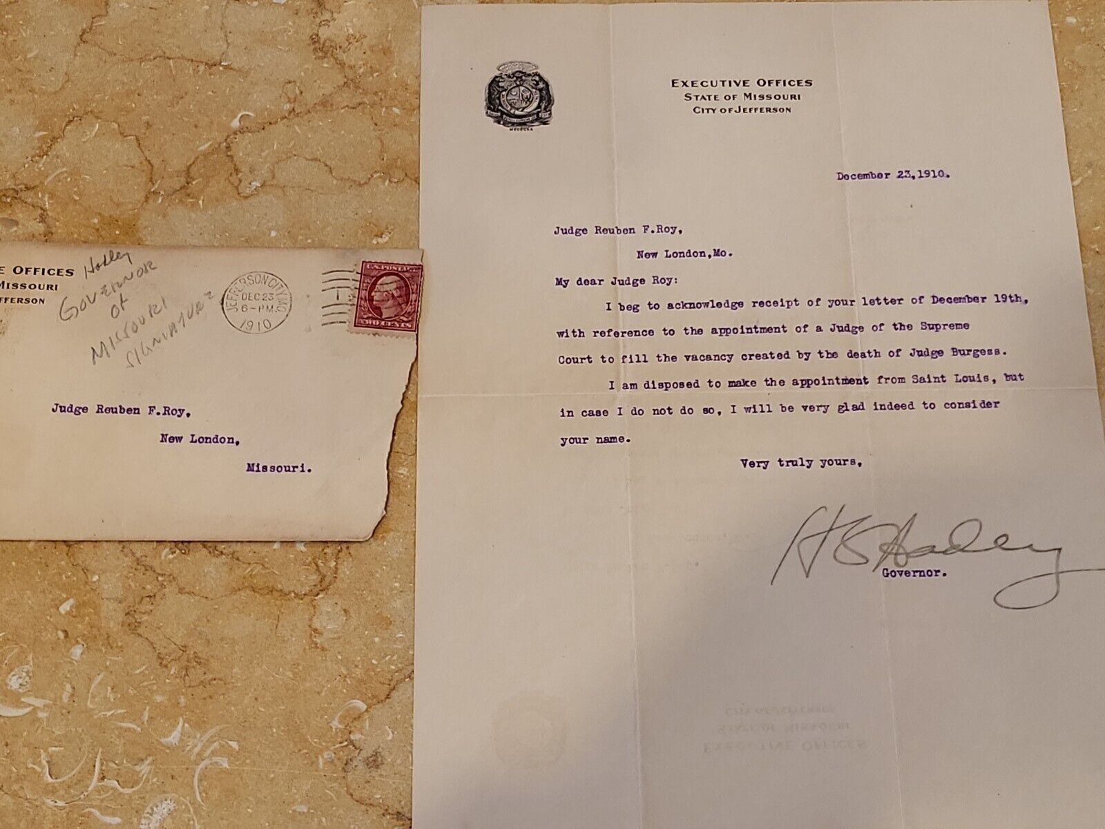 Missouri Governor Herbert Spencer Hadley signed letter 1910. Judge apt