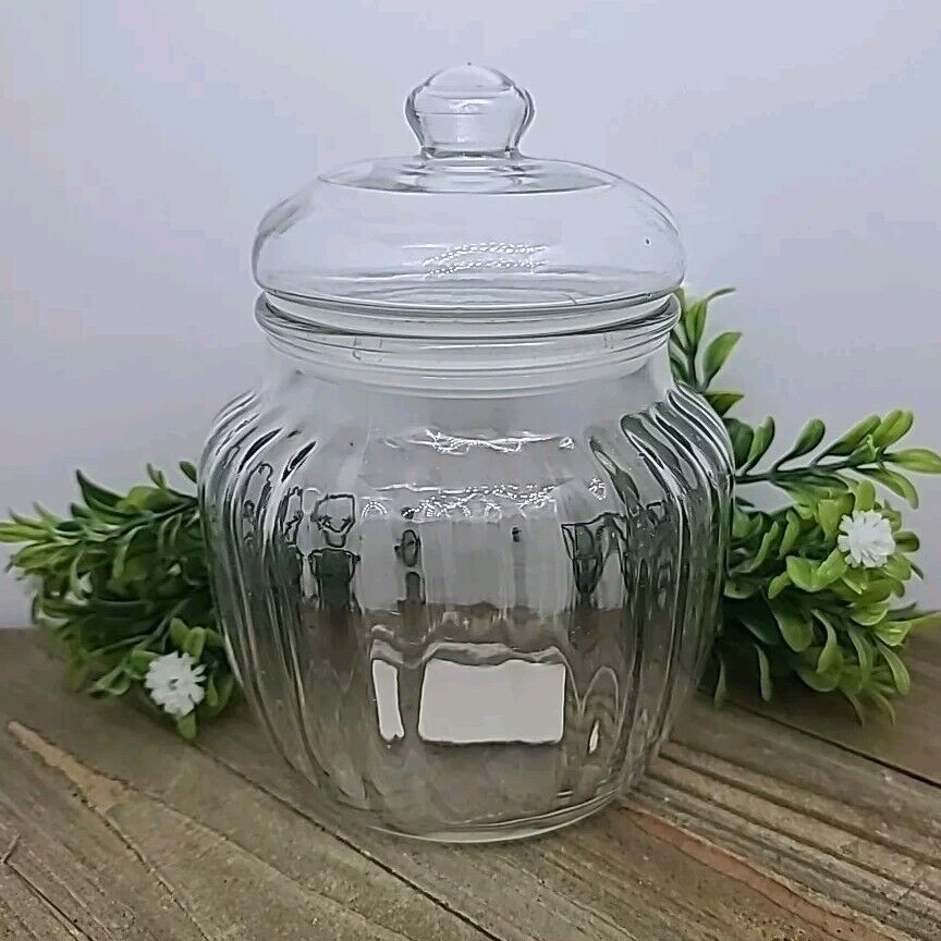 Vintage Clear Glass Ribbed Candy Jar with Lid Apothecary Vanity Teacher Gift 6\