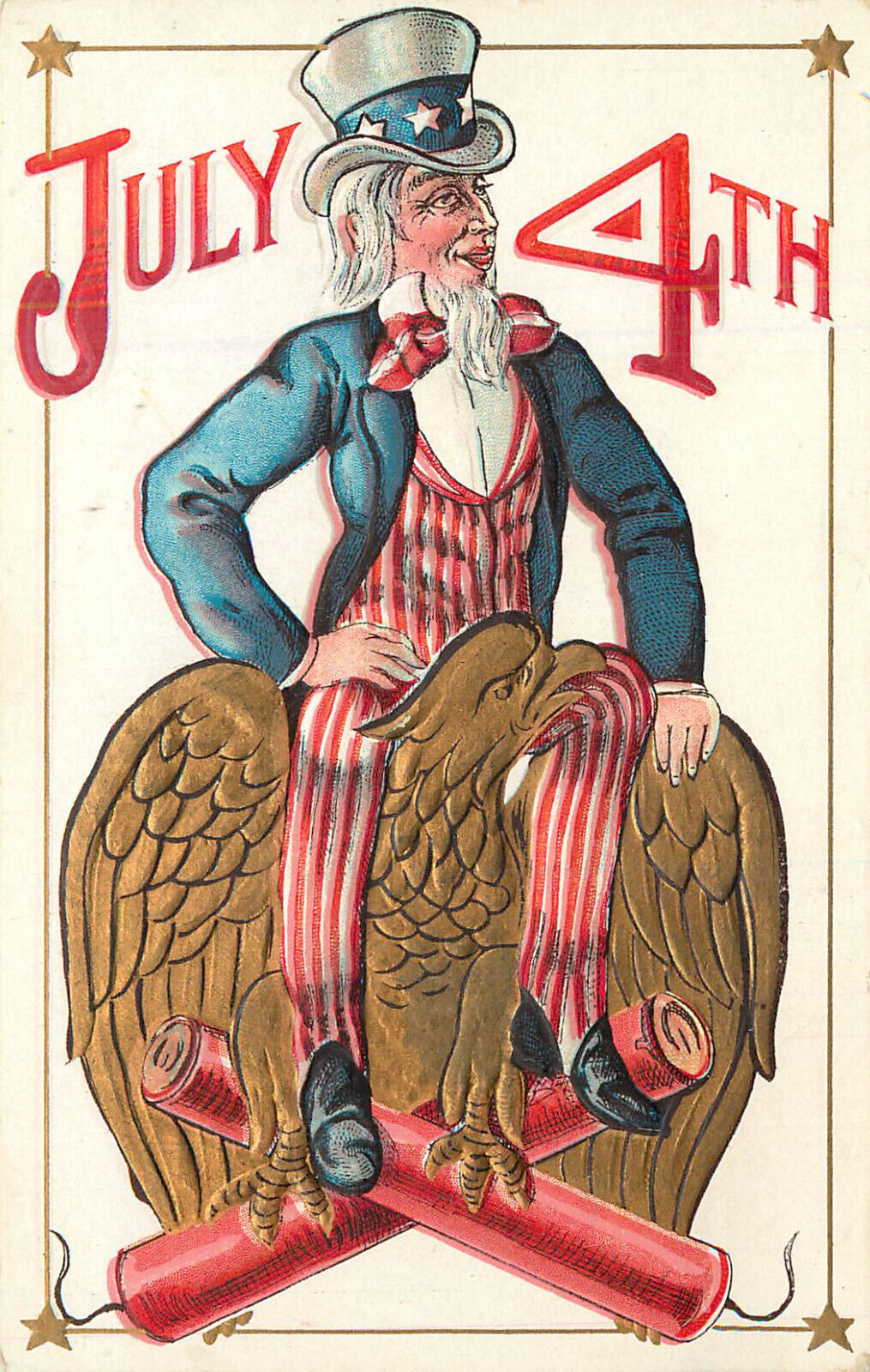 Postcard 4th Of July Uncle Sam Rides Bald Eagle With Dynamite in its Talons