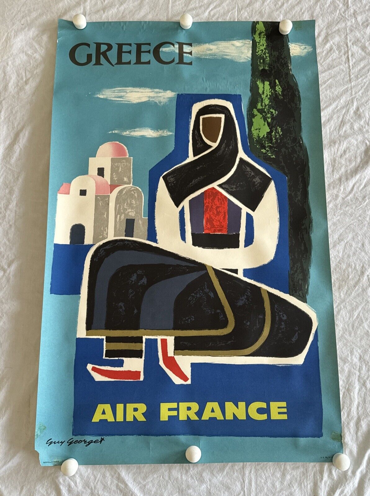 Original 1963 AIR FRANCE GREECE Travel Poster, 24x39, Guy Georget Art