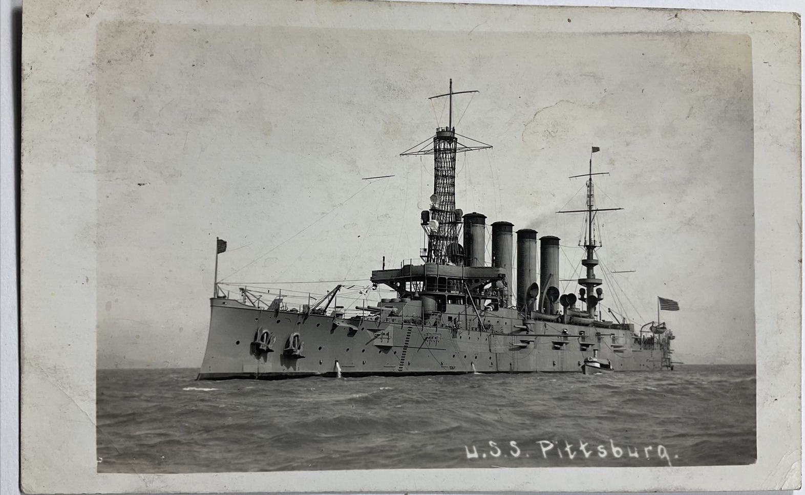 Early U.S.S. Pittsburg Steam Ship U.S. Navy at Sea RPPC Real Photo Postcard VTG