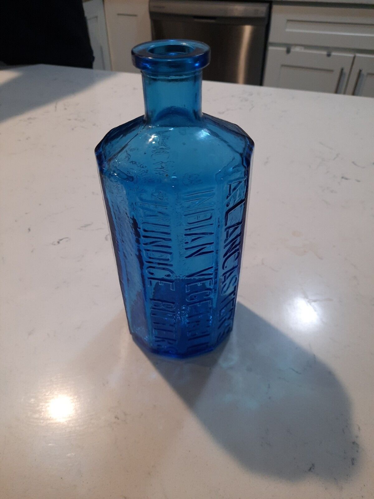 Vintage Blue Glass A. Lancaster\'s Indian Vegetable Jaundice  Bottle by Wheaton 