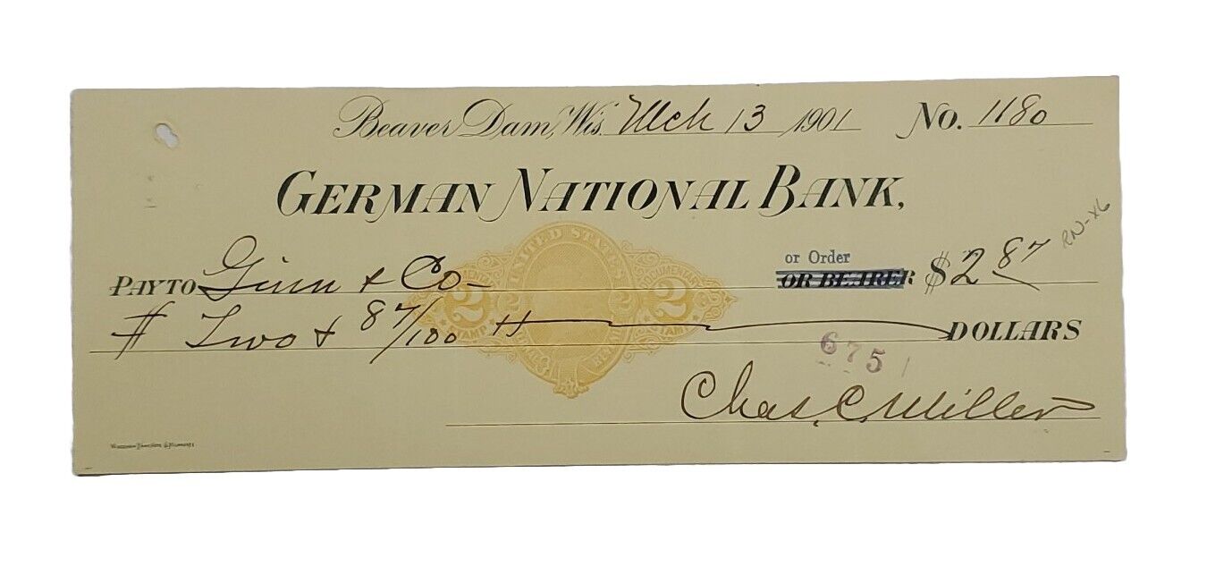 1901 Bank Check: German National Bank, Beaver Dam, WI -Ginn & Co, Chas C. Miller