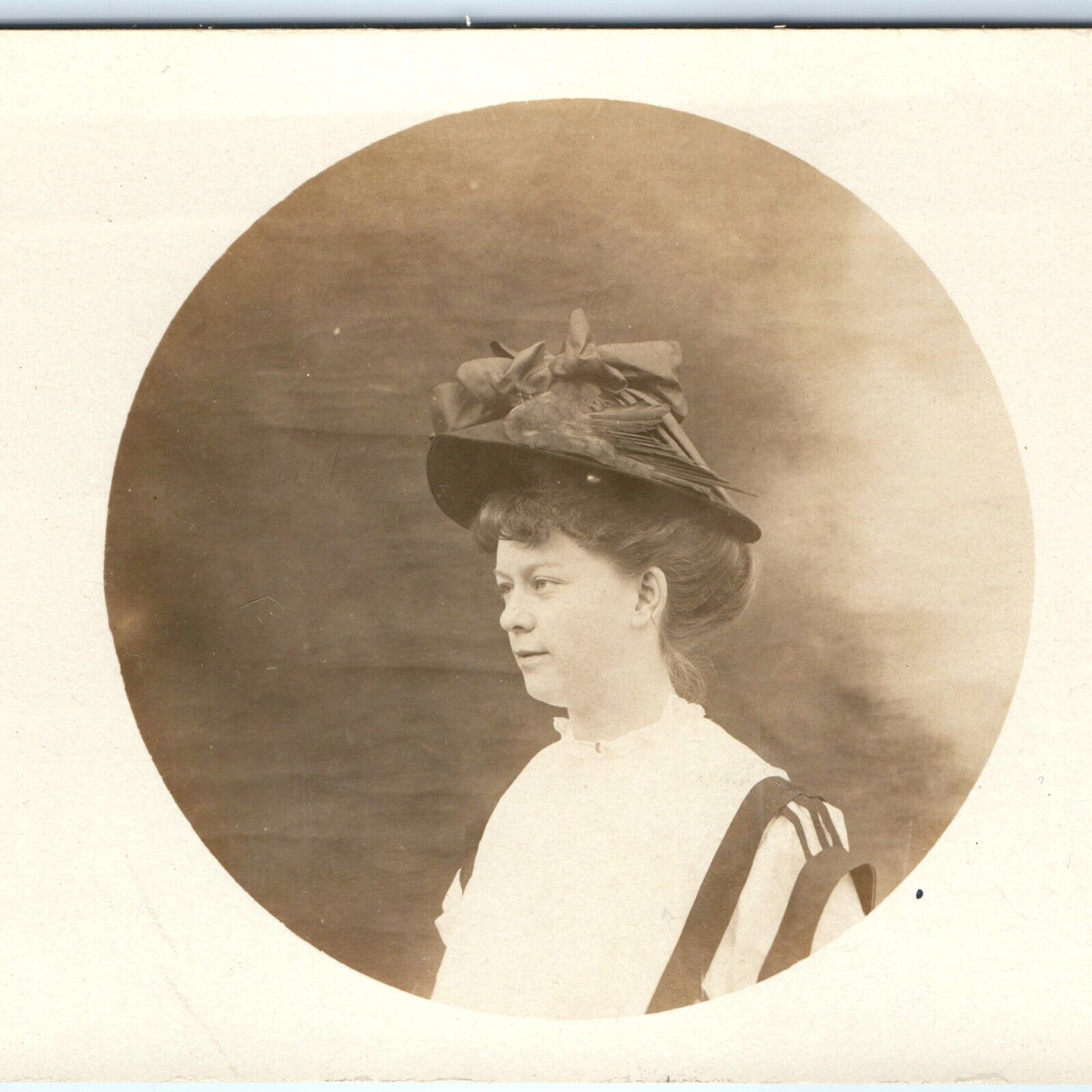 c1910s Lovely Edwardian Girl RPPC Cute Bird Wing Hat Millinery Woman Photo A161