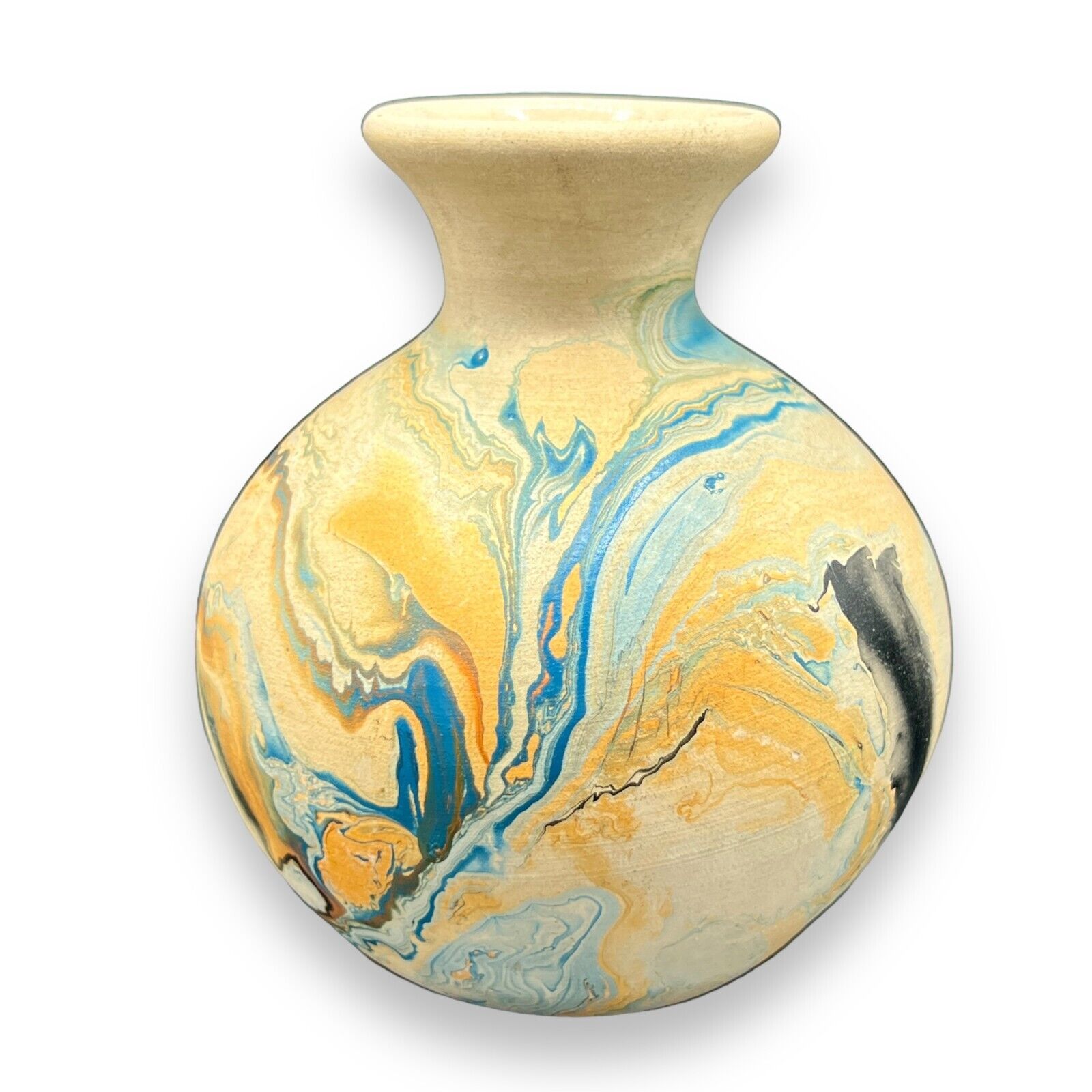 Vintage Nemadji Art Pottery Vase 4” Indian Pottery Made in USA Blue Orange Swirl