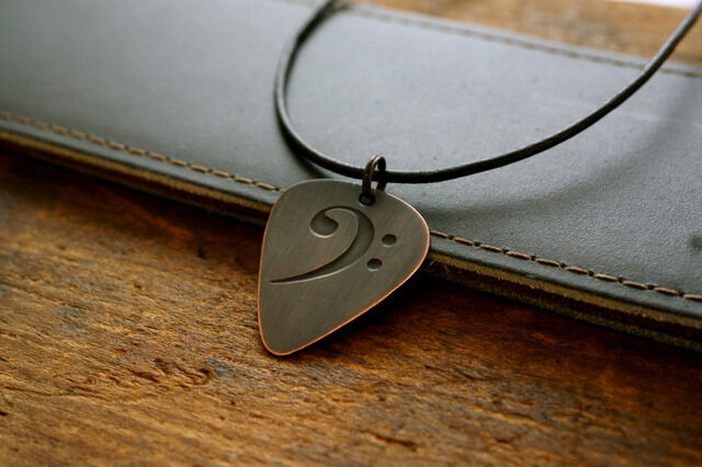 Hand Made Etched Copper Bass Clef Guitar Pick with Necklace