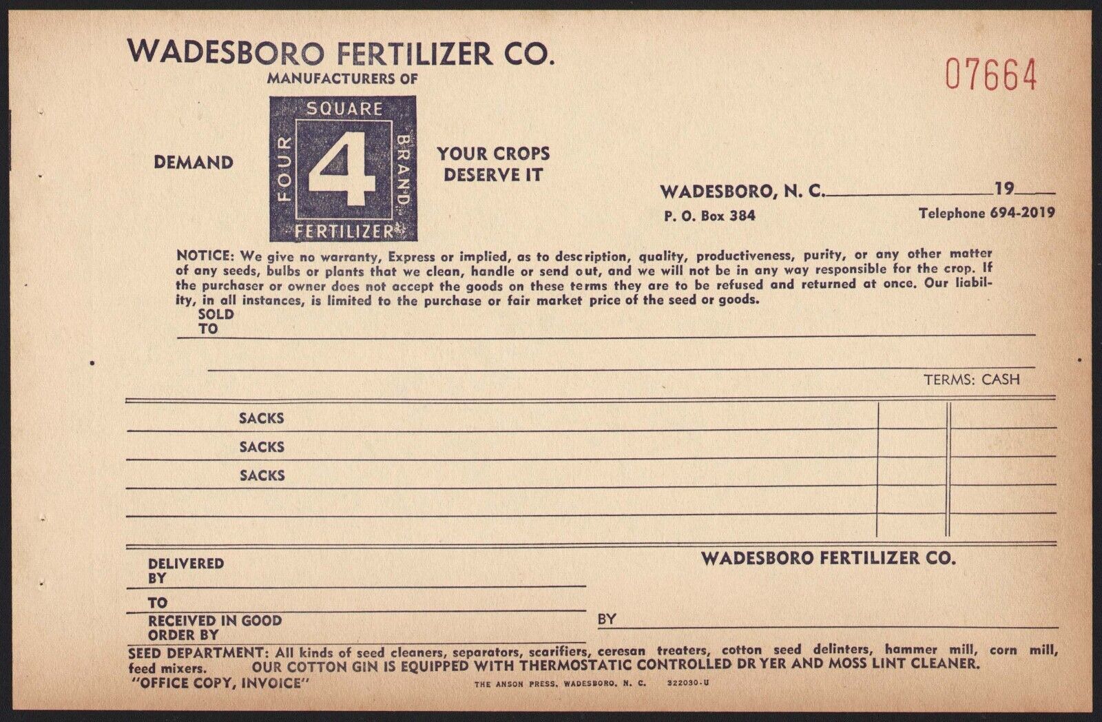 Vintage receipt FOUR SQUARE BRAND FERTILIZER Wadesboro North Carolina n-mint