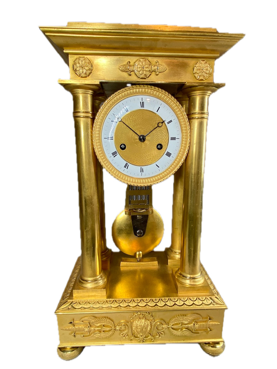 Exquisite Early 19th Century Empire Bronze Ormolu Large Portico Mantle Clock