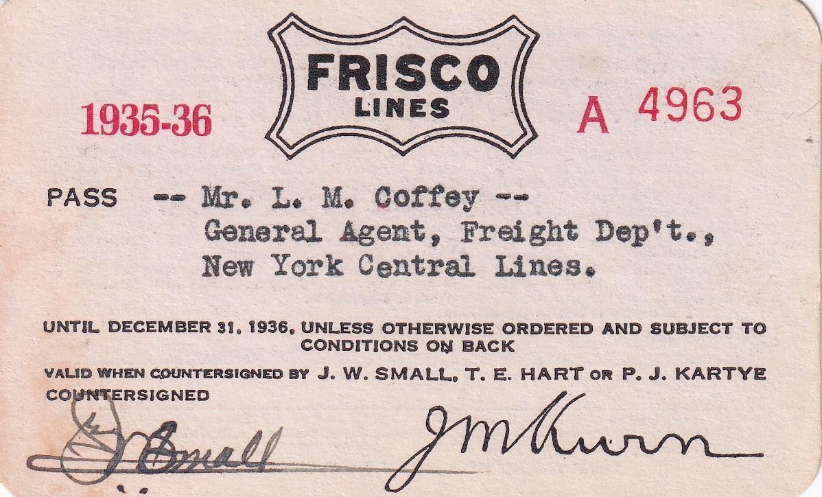 1935-36 SLSF St. Louis San Francisco Railway pass - New York Central Railroad