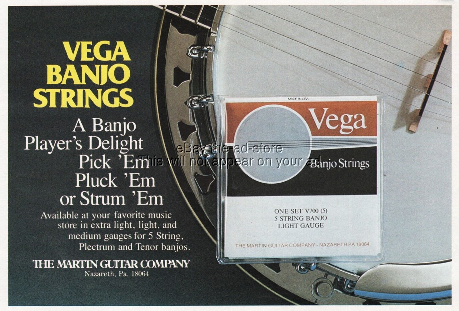 1984 Vega Banjo Strings Martin Guitar Co Nazareth Pennsylvania Vintage Print Ad