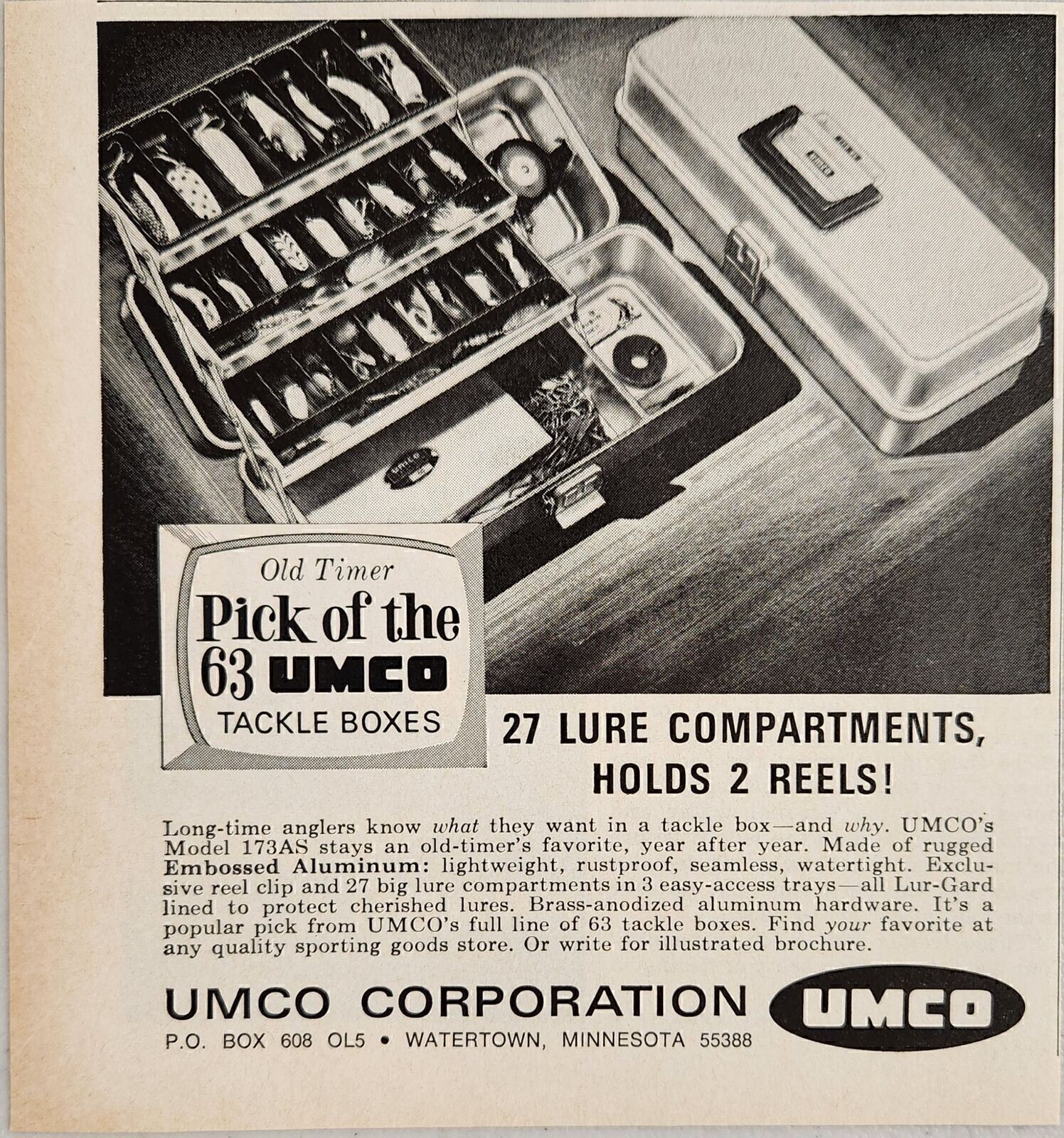 1968 Print Ad UMCO Fishing Tackle Boxes Holds 2 Reels Watertown,Minnesota
