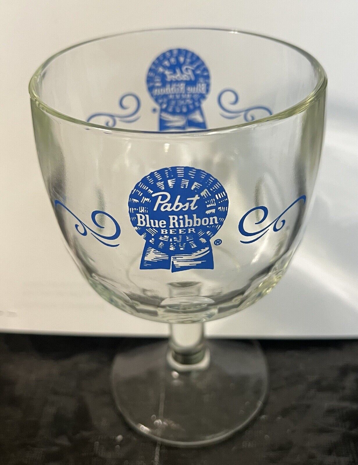 Vintage 70s PBR Pabst Blue Ribbon Beer Glass Goblet Stemmed Thumbprint USA Beer