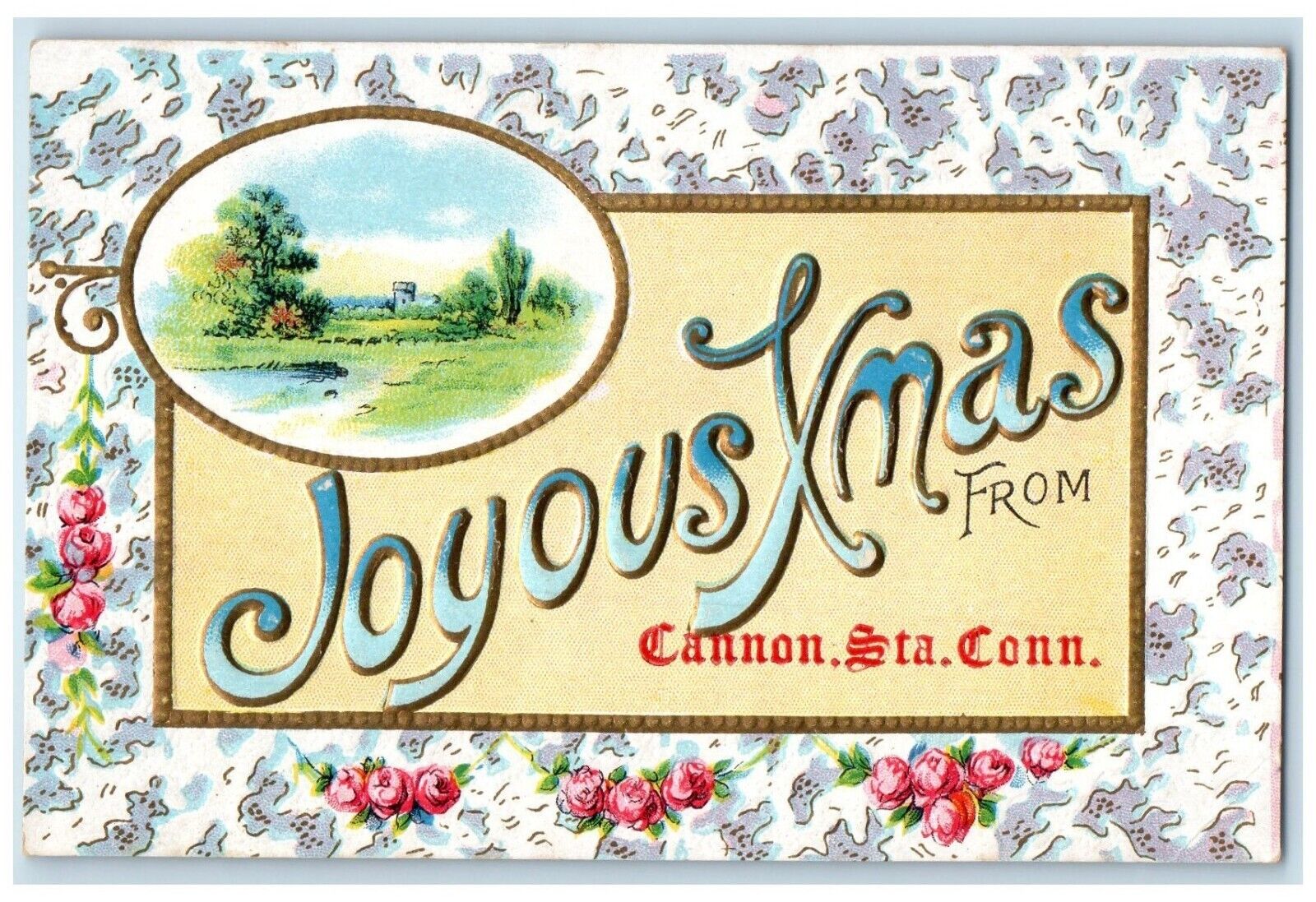 c1910 Joyous Xmas Christmas Cannon Station Connecticut Embossed Vintage Postcard