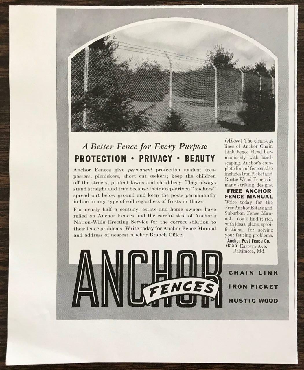 1939 Anchor Fences Baltimore MD Print Ad Protection Privacy Beauty