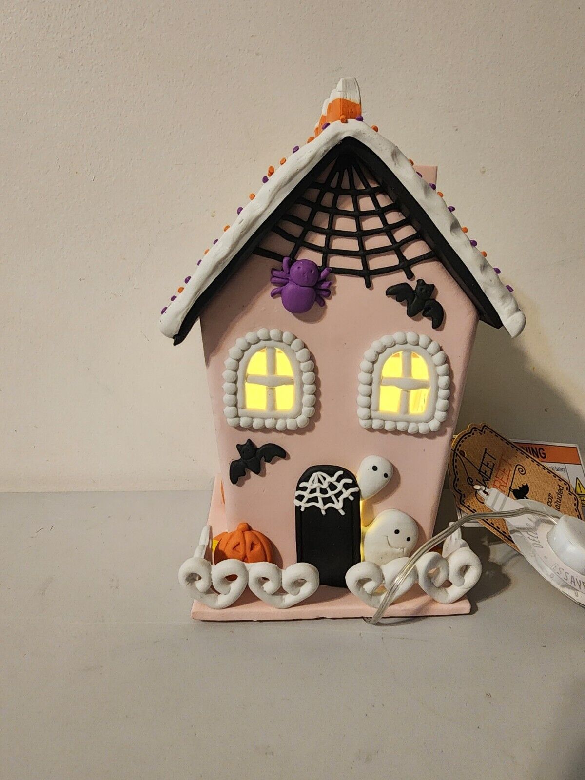 Halloween Pink Lightup Ghost With Bats Gingerbread House