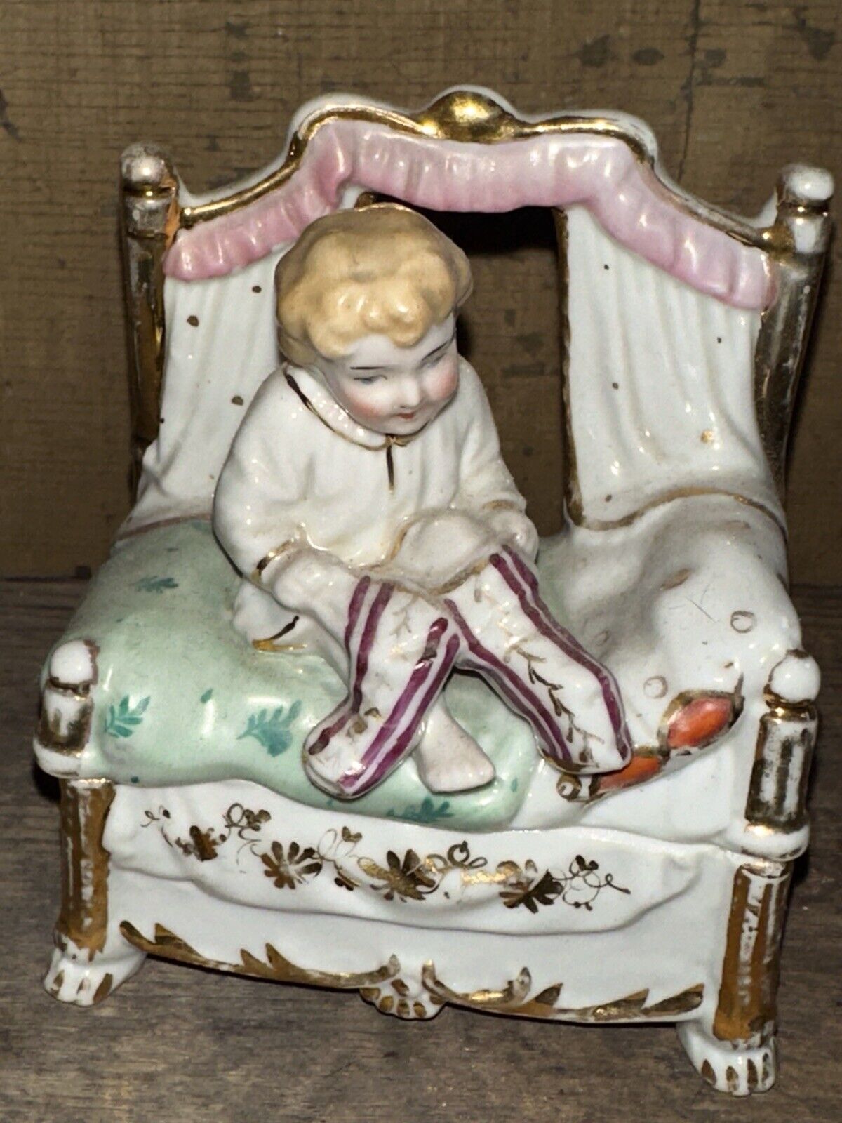 Antique Victorian Porcelain Little Boy Pajamas Fainting Trinket Box