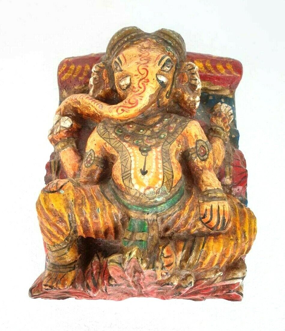 Rare 1850's Old Antique Rose Wood Hand Carved Lacquer Painted God Ganesha Statue