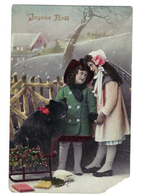 c.1900s Joyeux Noel Sisters And Cute Dog Hang Colored? French Christmas Postcard