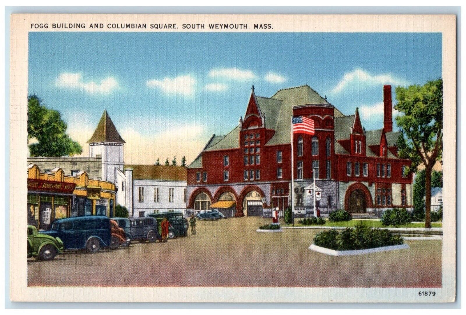 c1930\'s Fogg Building And Columbian Square Cars South Weymouth MA Postcard