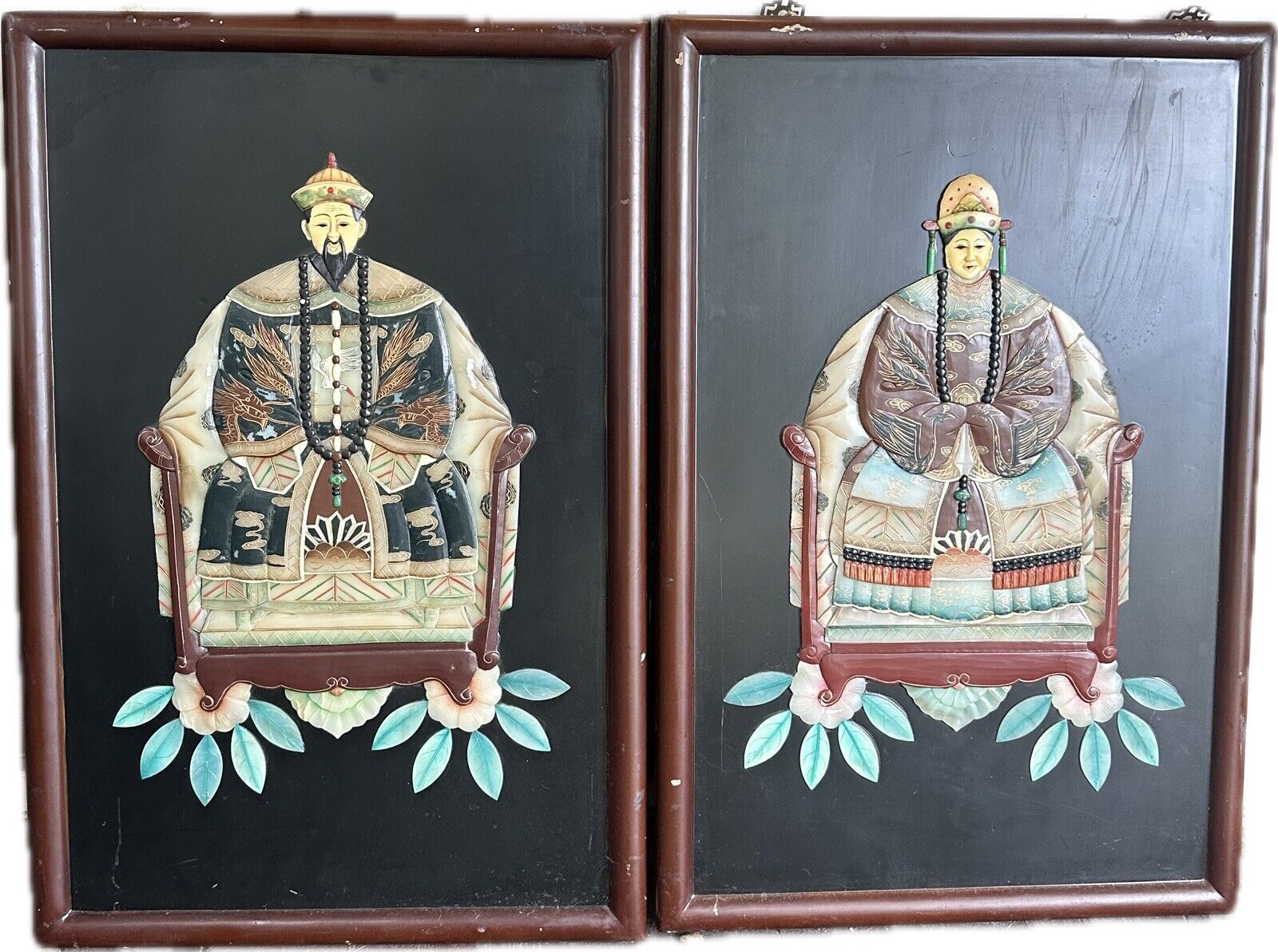 Pair Large Chinese Carved Hardstone Relief Emperor & Empress Portraits