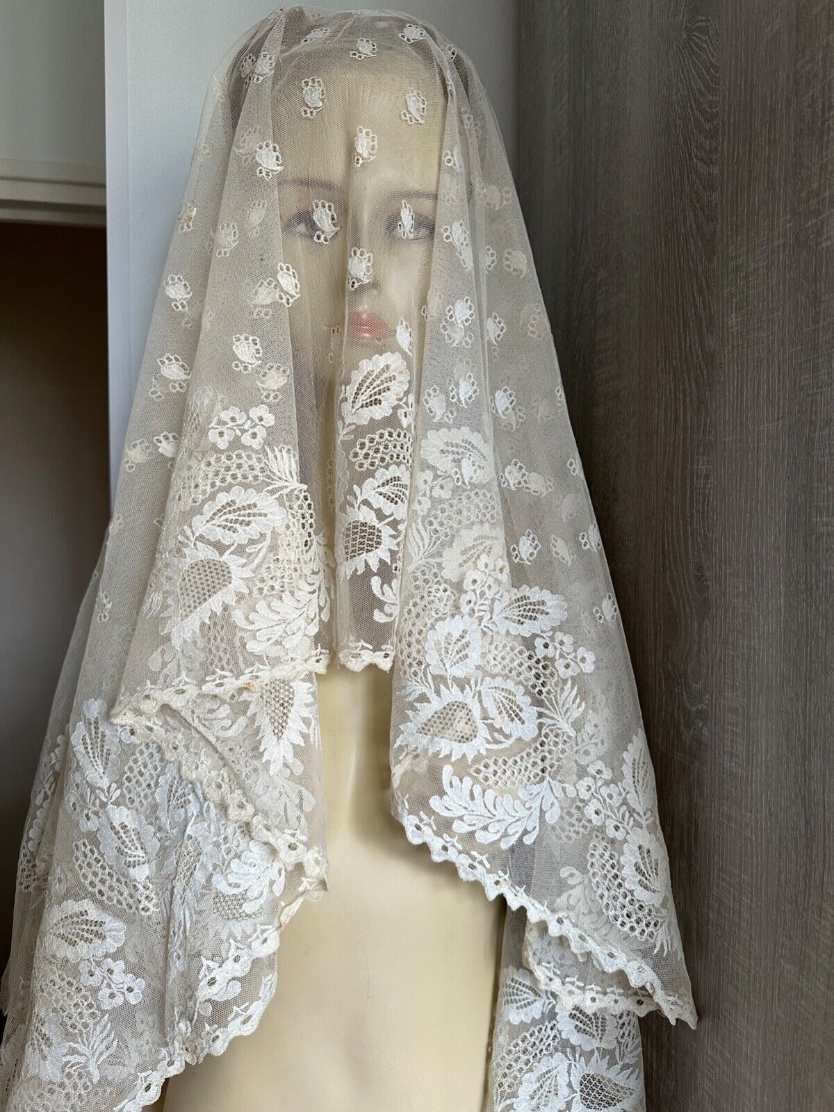 Superb Antique Silk tulle Bride veil - Floral & plumetis design - Ecru 150X134cm