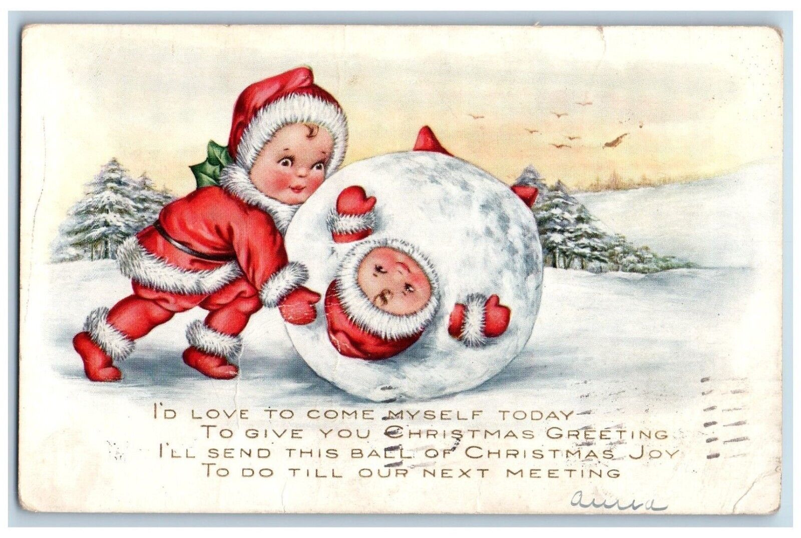 Christmas Postcard Little Kid Santa Claus Snowball Winter Scene Embossed 1915