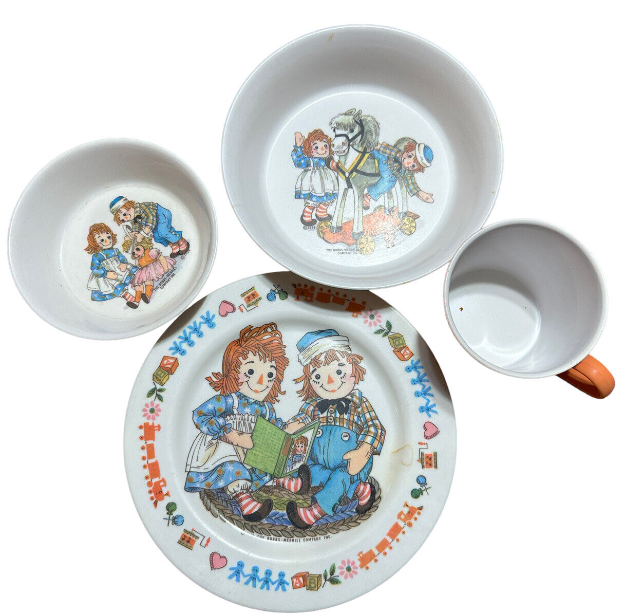 Vintage 1969 4 pc Raggedy Ann Childs Set Oneida Deluxe Rimmed Plate, Cup, Bowls