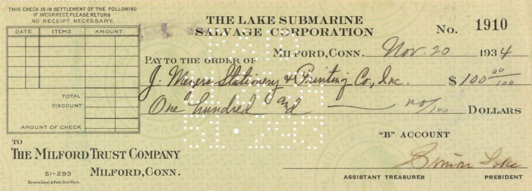 Simon Lake signed Lake Submarine Salvage Check dated 1930's - Autograph Check - 