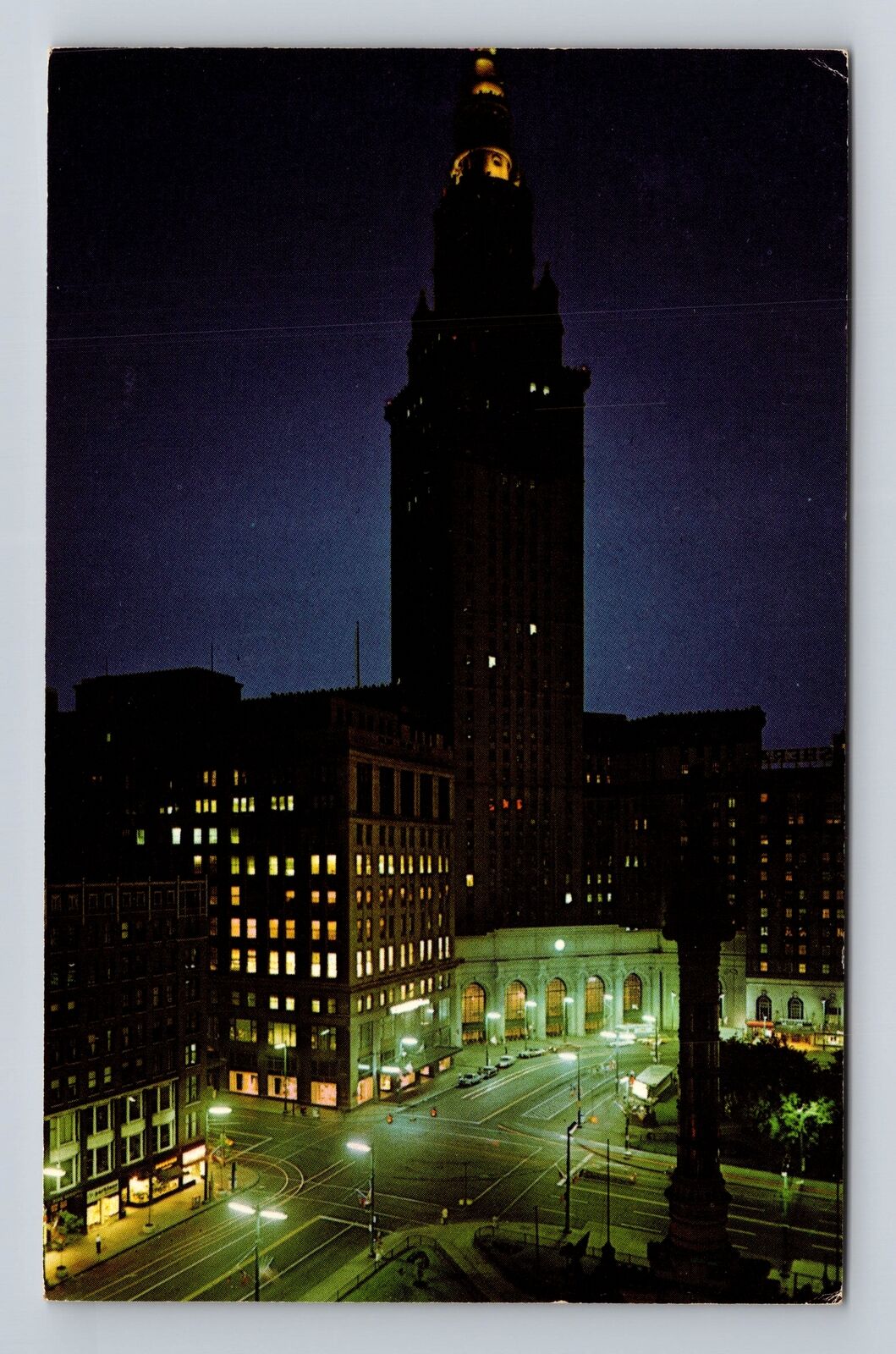 Cleveland OH-Ohio, Terminal Tower And Public Square At Night, Vintage Postcard