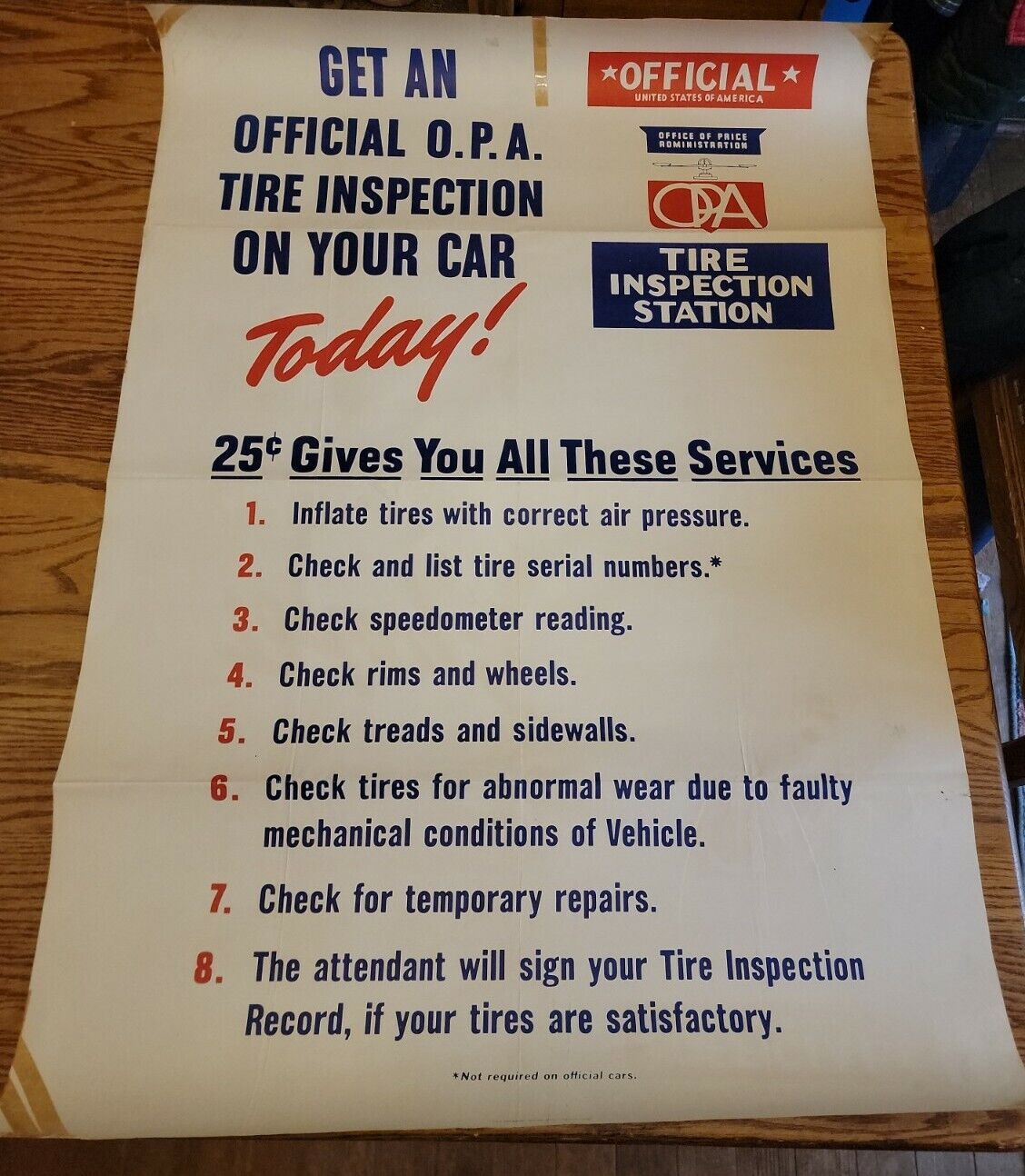 1943 WWII LARGE POSTER OPA TIRE INSPECTION STATION CAR AD SIGN VTG RARE USA OLD
