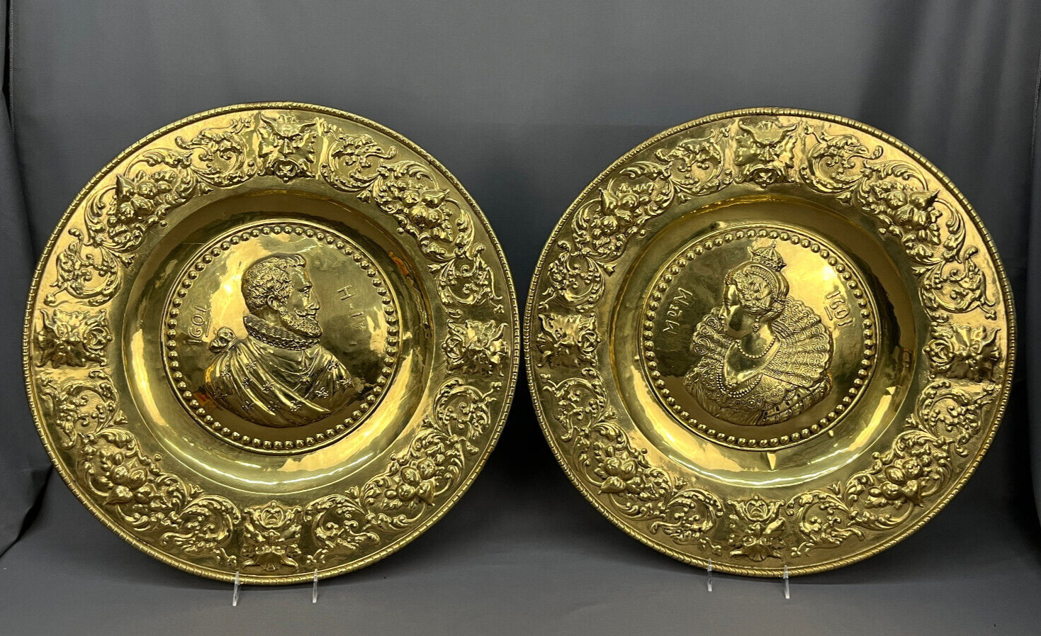 Pair 19 C. Brass Repousse Henry IV & Marie de Medici 23 ¼” Portrait Wall Plaques
