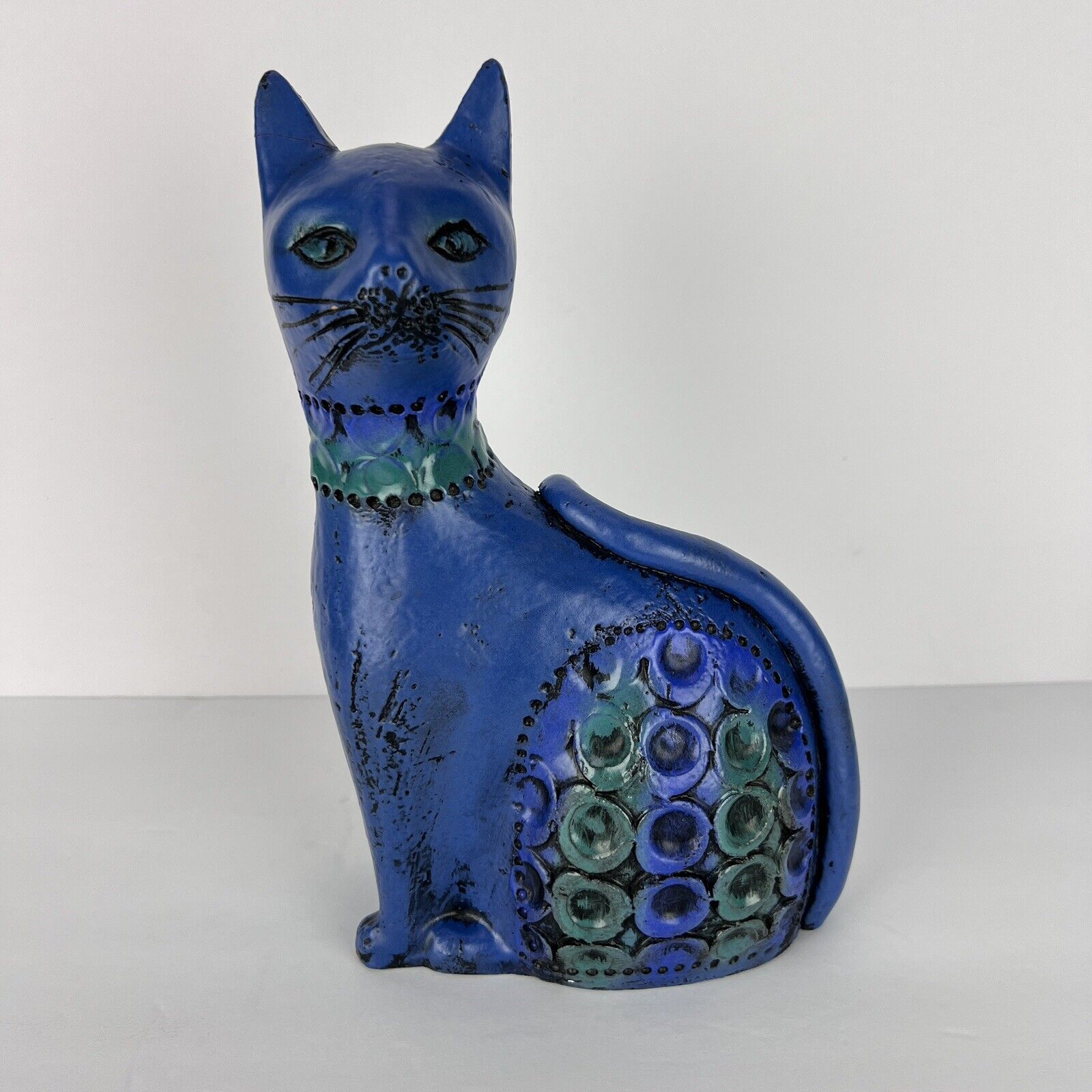 Vtg Bitossi Cat Statue Pottery Figurine Torcello Decor Italy Blue Italian 11in