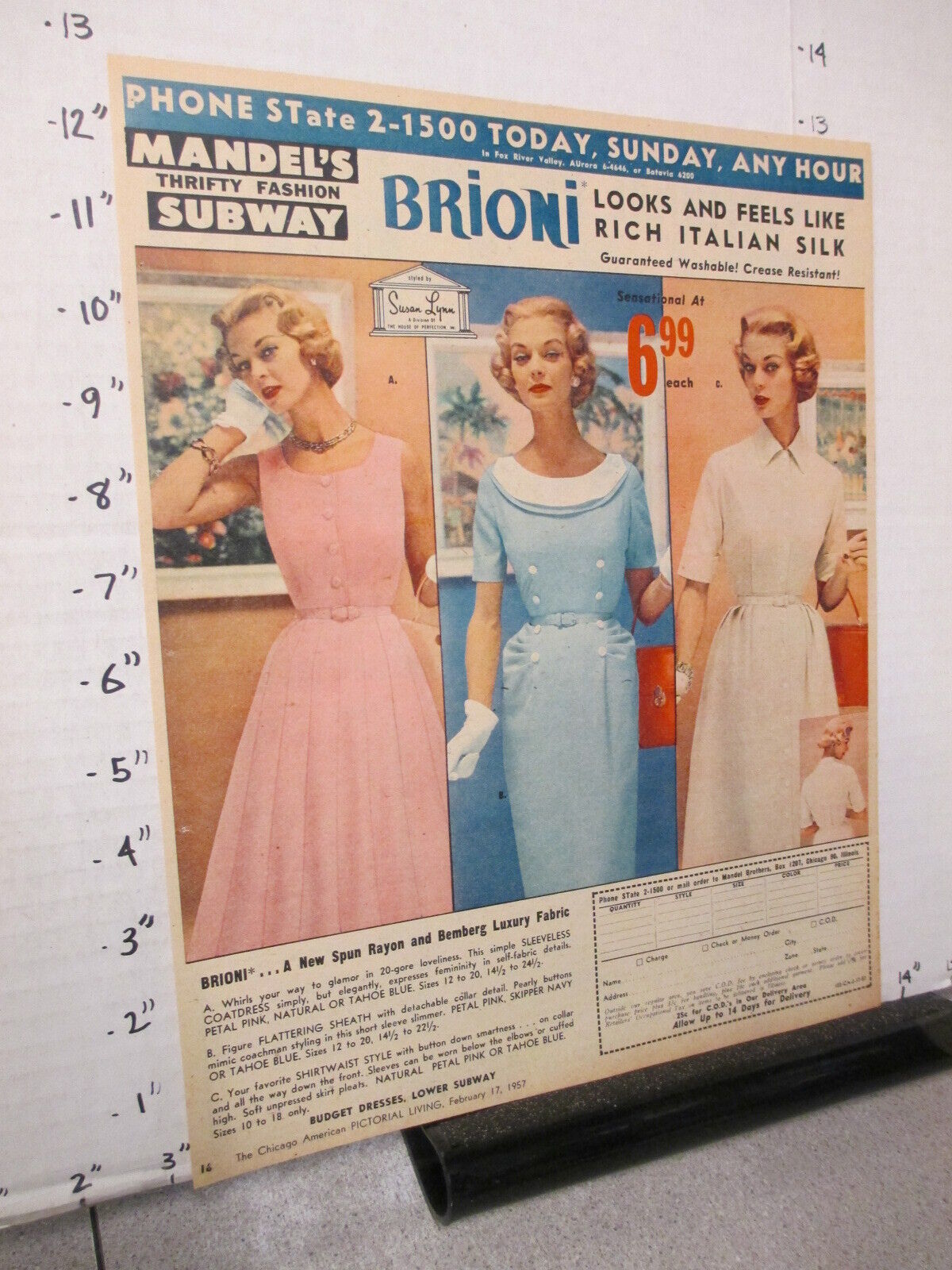 newspaper ad 1957 MANDEL'S SUBWAY women's clothing dress Brioni Italian silk