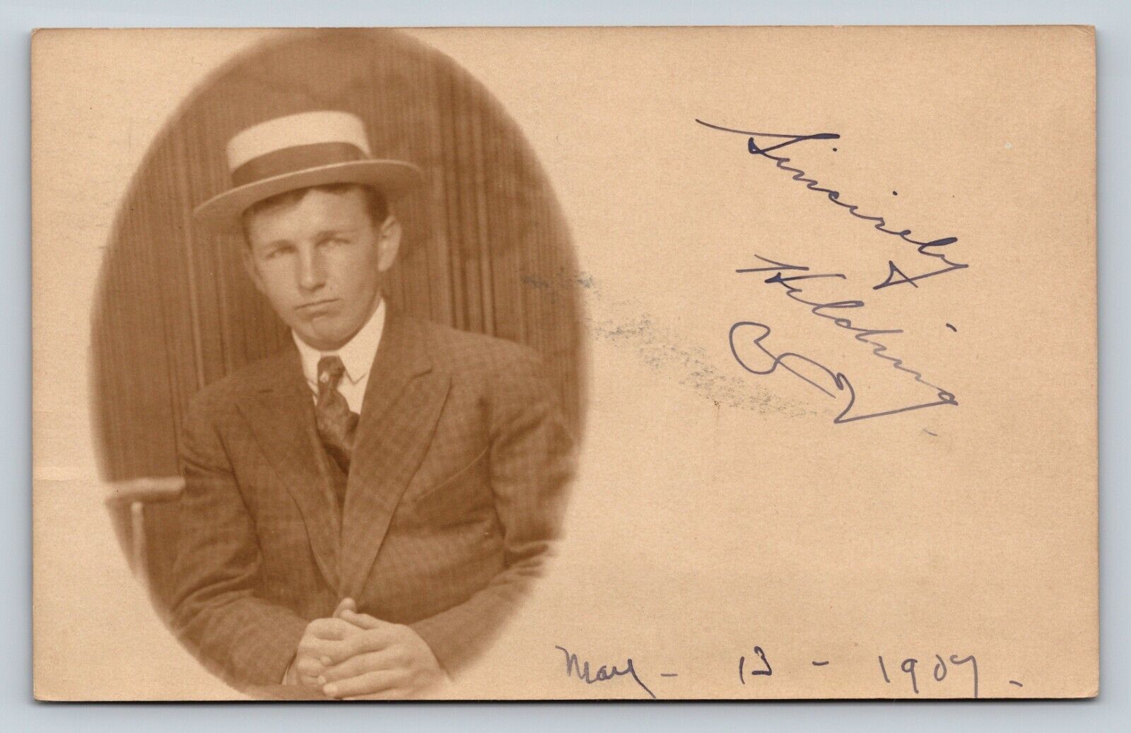 c1907 RPPC Man in Skimmer Hat & Checkered Suit ANTIQUE Postcard 1340
