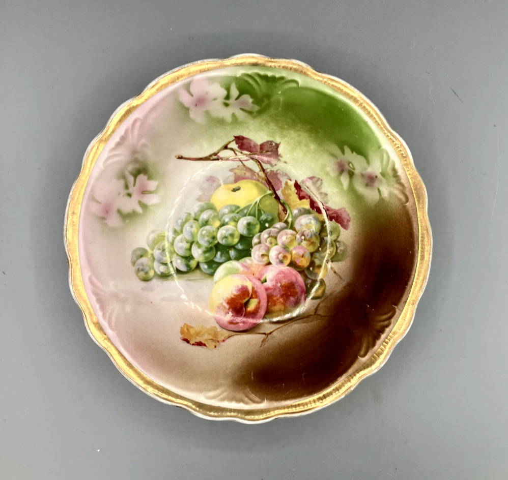 Antique C. T. Altwasser Porcelain Bowl Gold Trim Fruit Grapes Peaches Apples