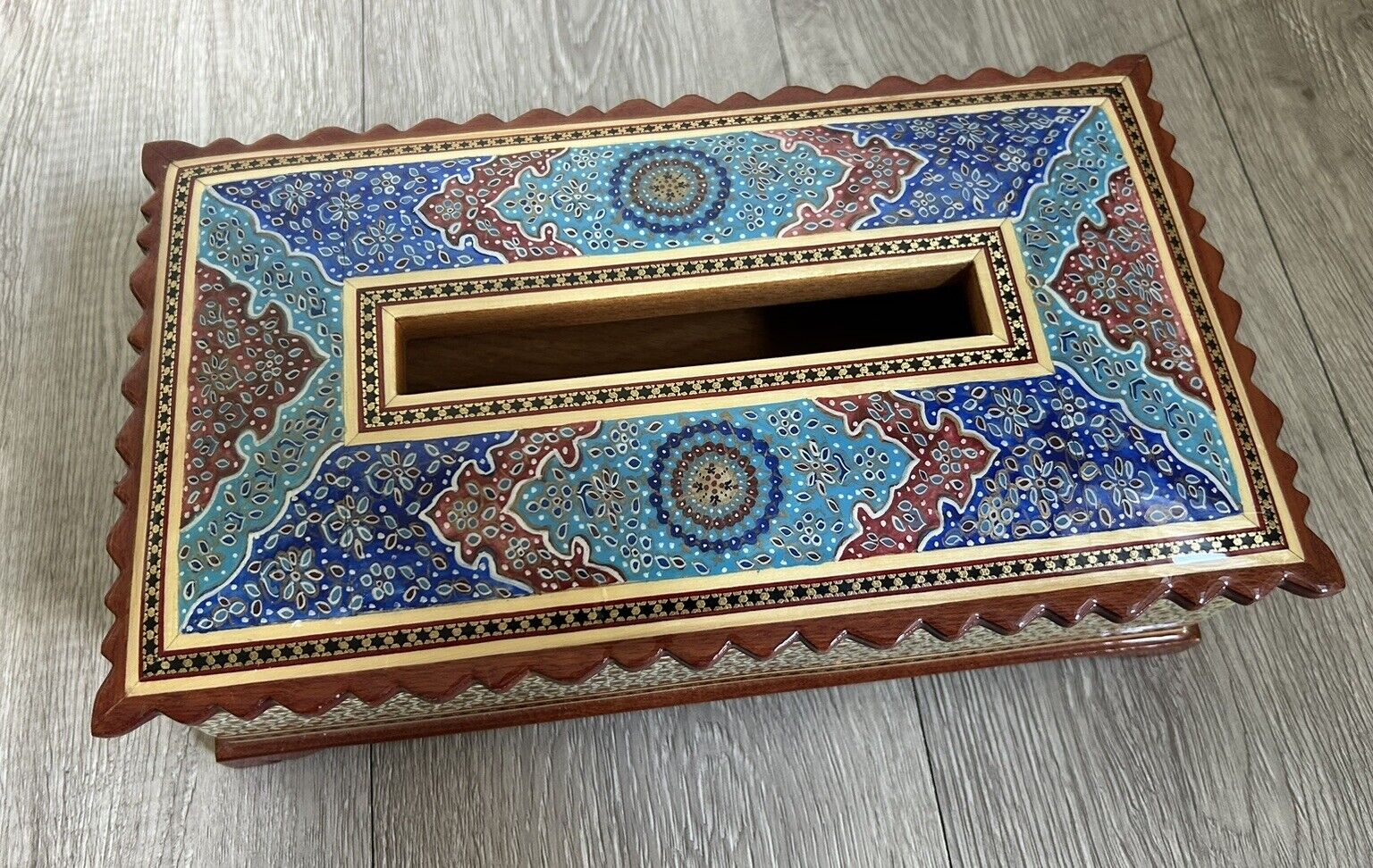 Authentic Persian Marquetry Wooden Tissue Box Hinged Hand Crafted Multicolor