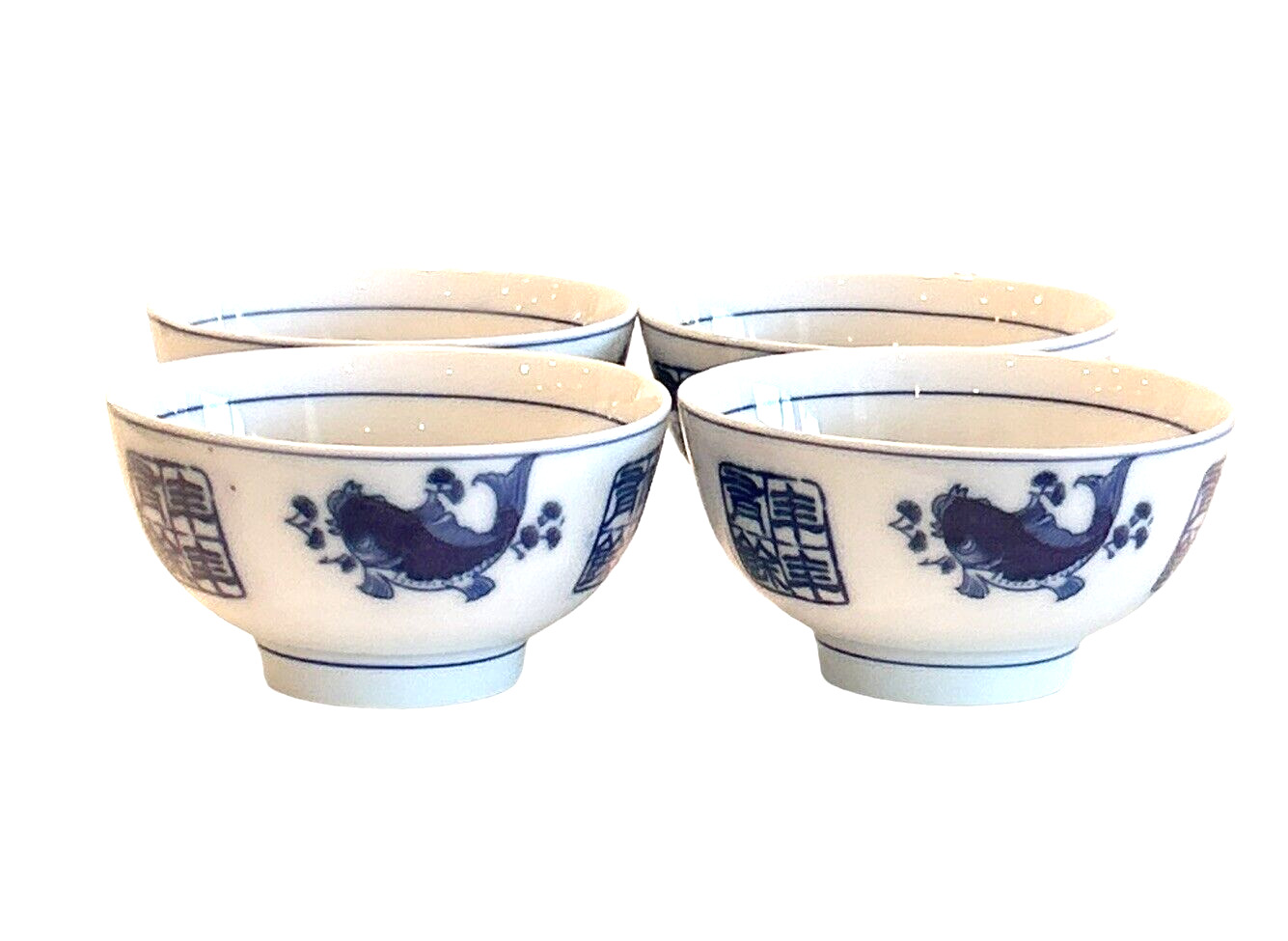 Set of 4 Chinese Sylmbol Koi Fish Blue & White 4.5 \