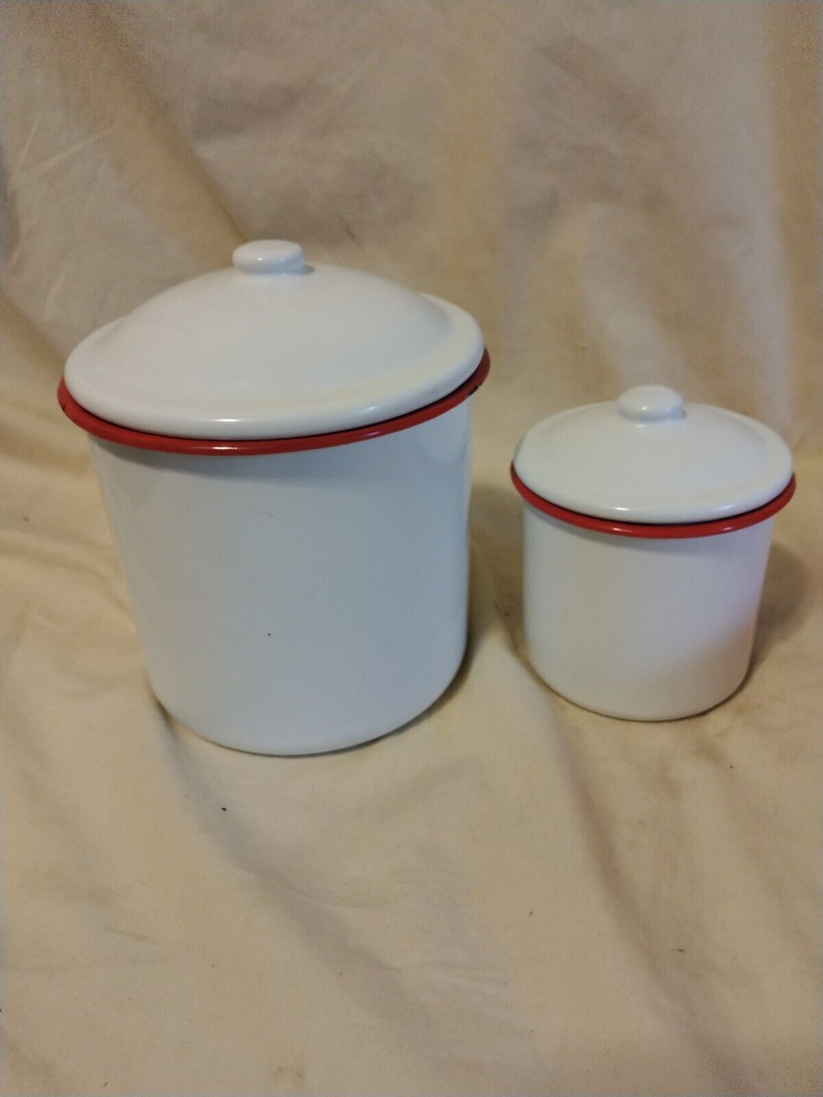 Two White Enamelware Canisters With Red Trim For Kitchen Excellent Small