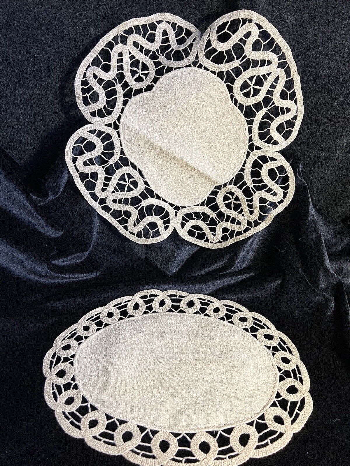 Vintage HANDMADE Natural Linen & Crocheted Doilies 13.5” & 14.5” French Country