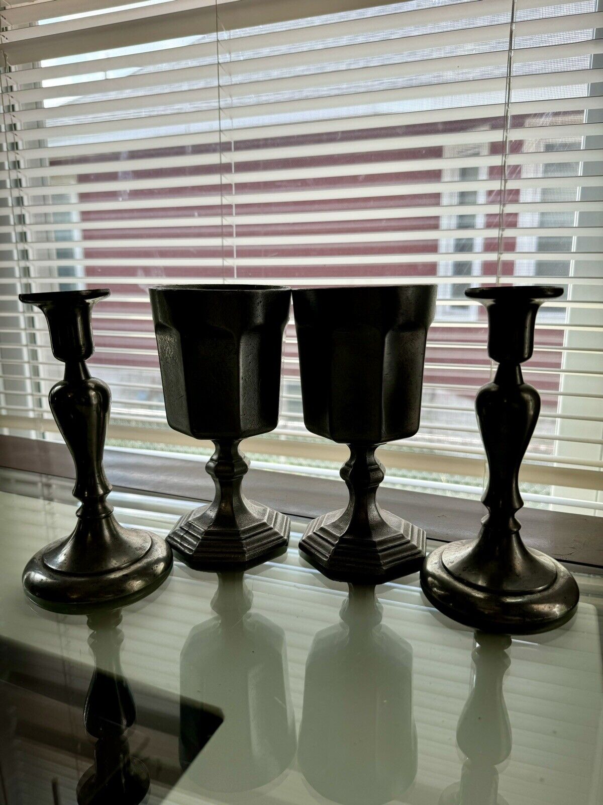 Vintage Pewter Wine Goblet & Pewter Candle Holder Set