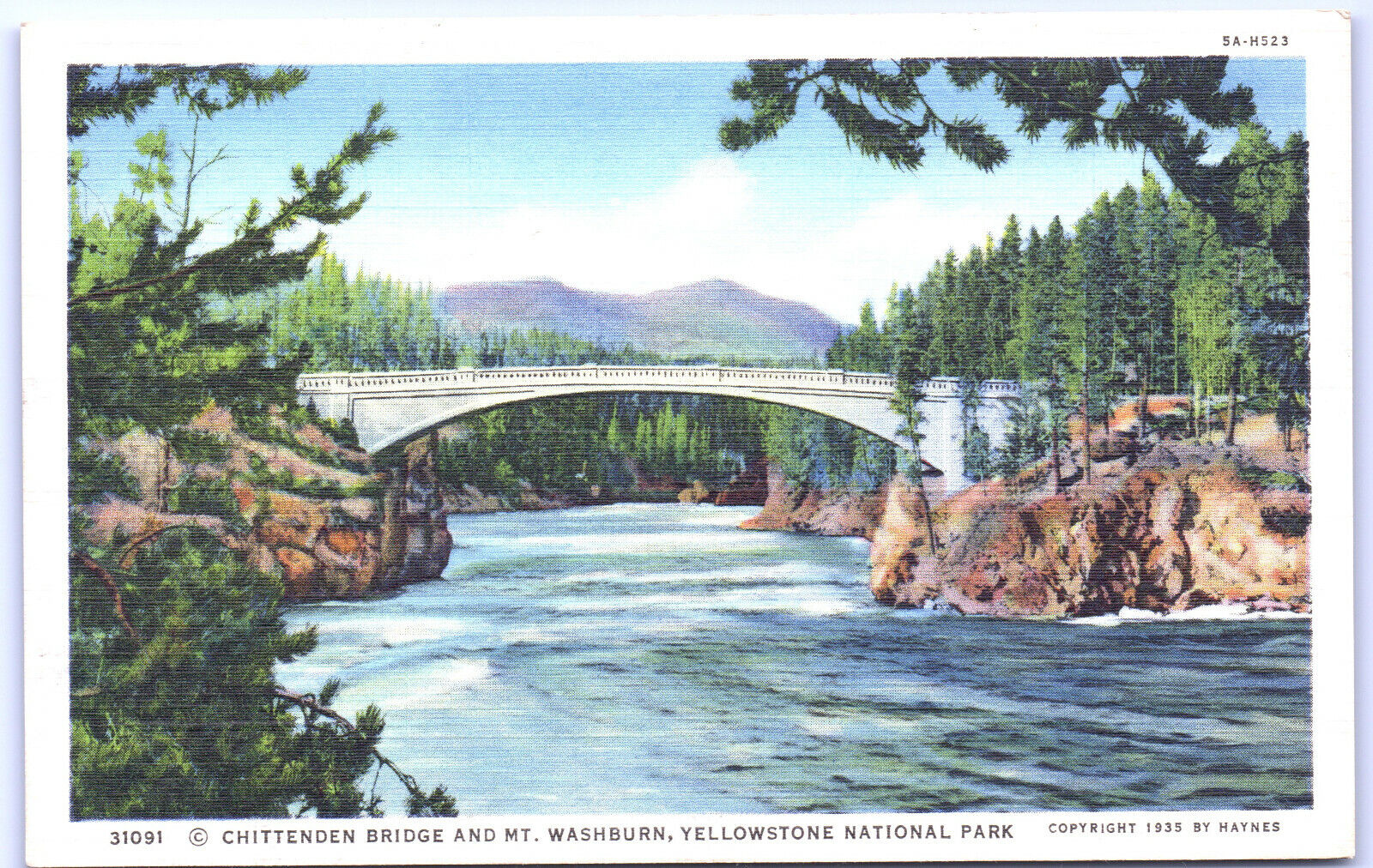 Postcard Wyoming Chittenden Bridge & Mt Washburn Yellowstone c.1935 Linen UNP G5