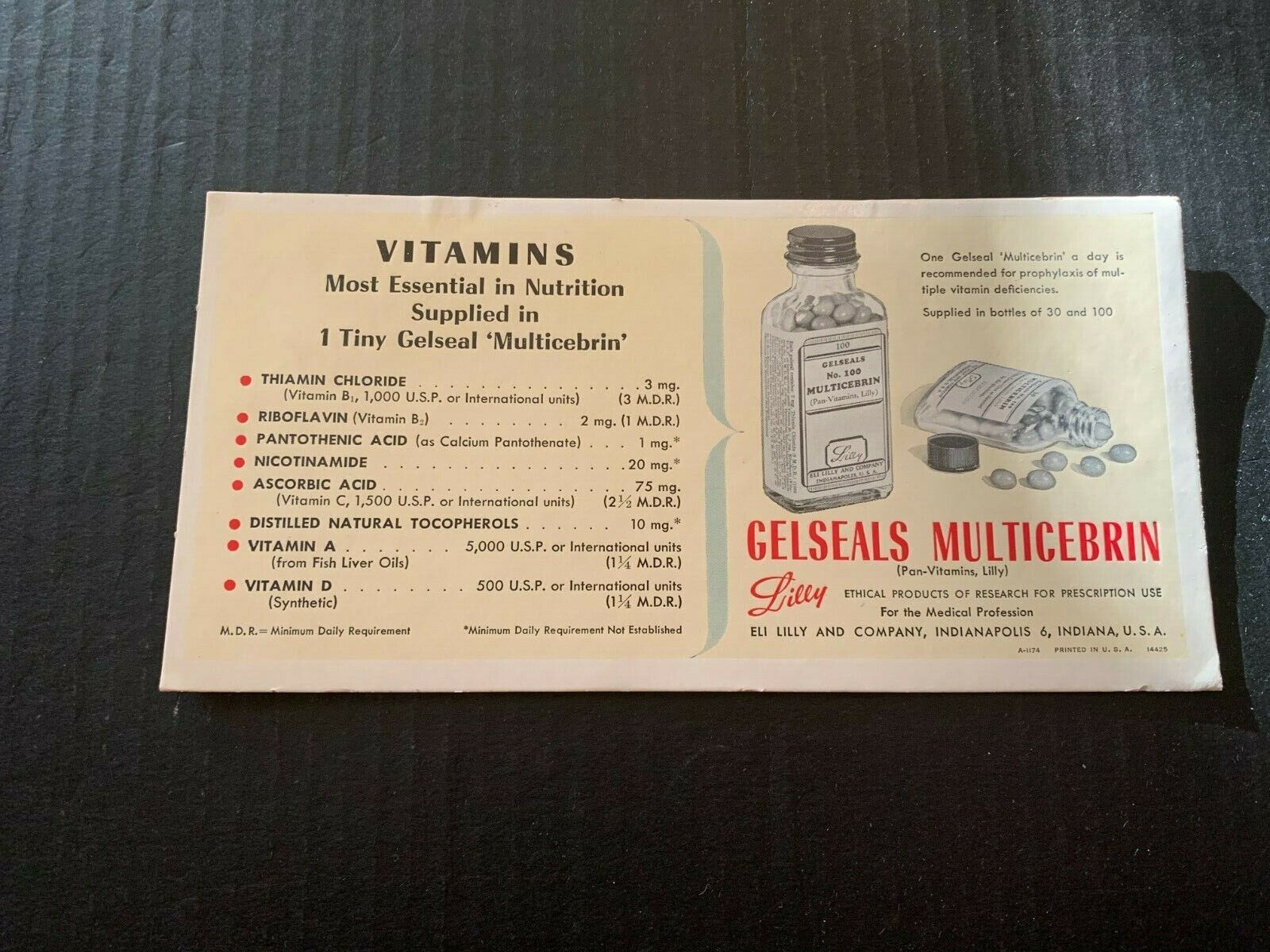 1950's Eli Lilly & Co Gelseals Multicebrin Medicine Ink Blotter