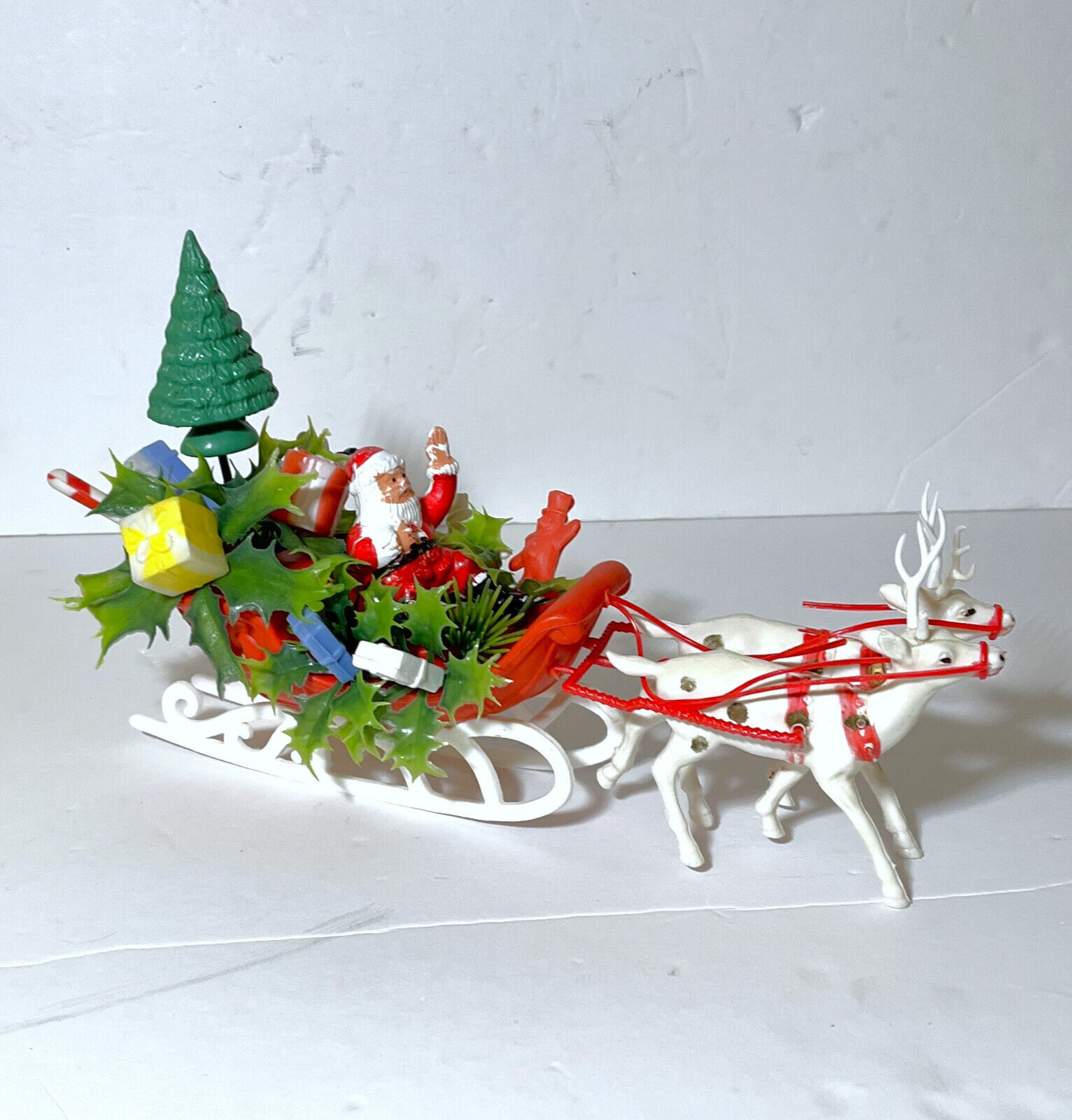 Vintage 1960s Plastic Santa in Flocked Sleigh With 2 Reindeer 16” Christmas