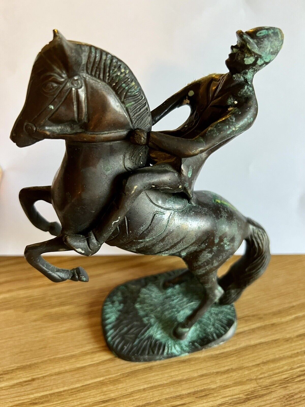 Rare Gorgeous Antique Bronze Horse Jockey Statue Heavy Patina Polo Rider Sport
