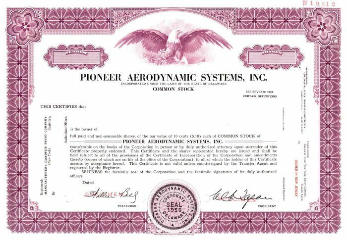 Pioneer Aerodynamic Systems, Inc. - Specimen Stock Certificate - Aviation Stocks