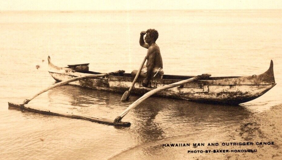 RPPC Hawaiian Man & Outrigger Canoe  Honolulu  Postcard  1910