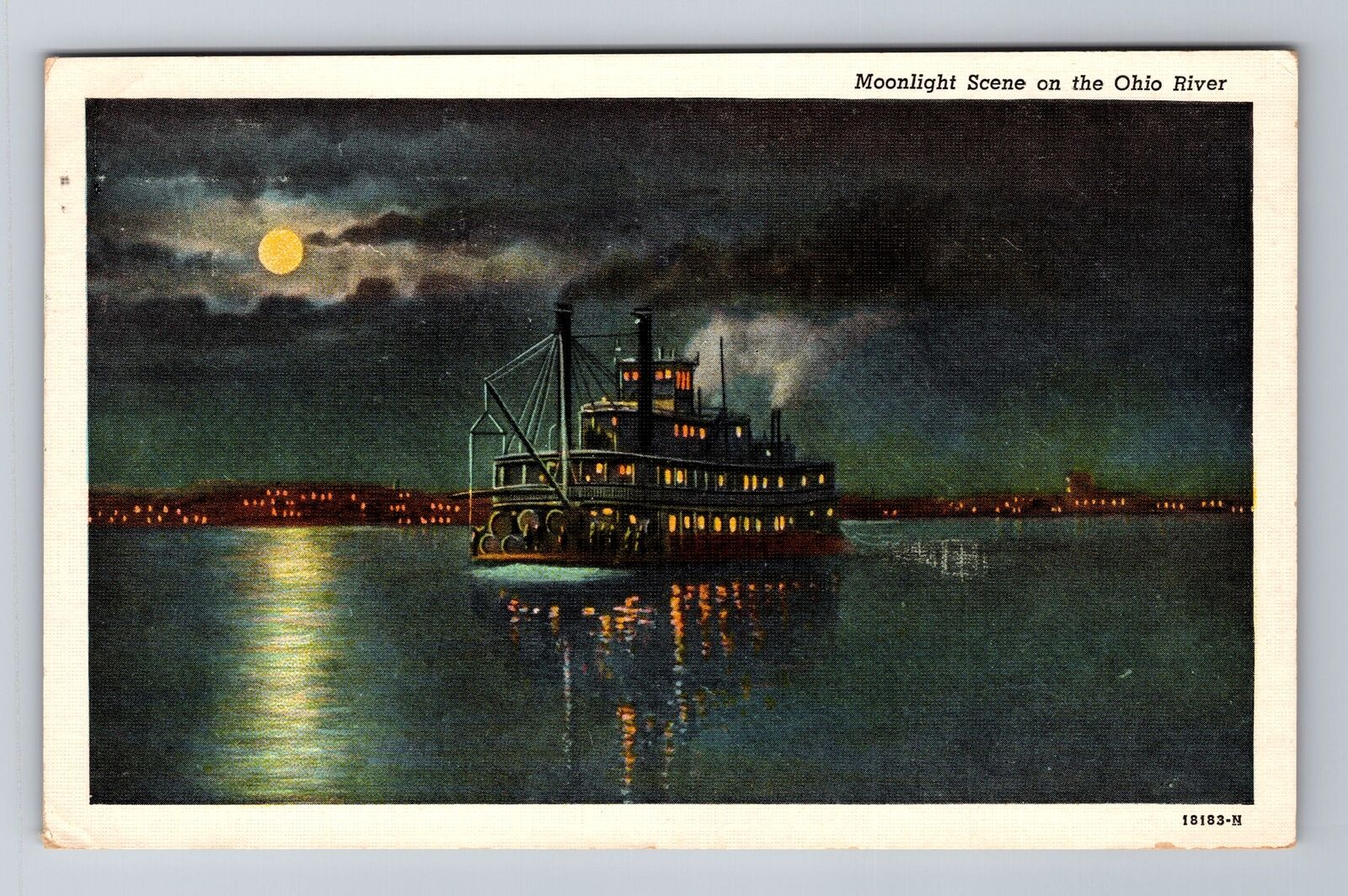 Moonlight Scene Ferry On Ohio River, Ship, Transportation Vintage c1941 Postcard